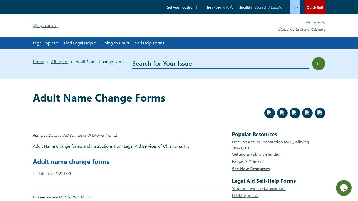 Adult Name Change Forms Welcome to Legal Aid Services of Oklahoma's guide to free legal help in Oklahoma.